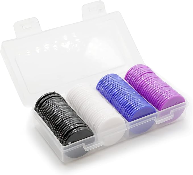 Set of 100 Opaque Plastic Learning Counters Mini Poker Chips Game Tokens with Storage Box (Black+White+Blue+Purple, 1 Inch)