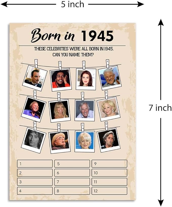 QUPT 80th Birthday Party Games, Born in 1945, 30 Cards, Adults, History, English, Card Game, 18+