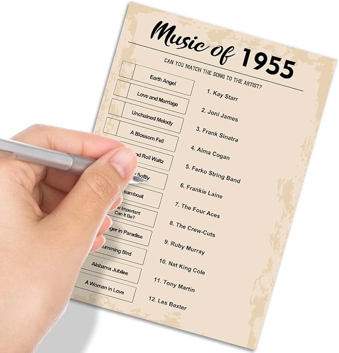 QUPT 70th Birthday Party Games, Music of 1955 Trivia, Pack of 30 Cards for Adults, Ages 216+