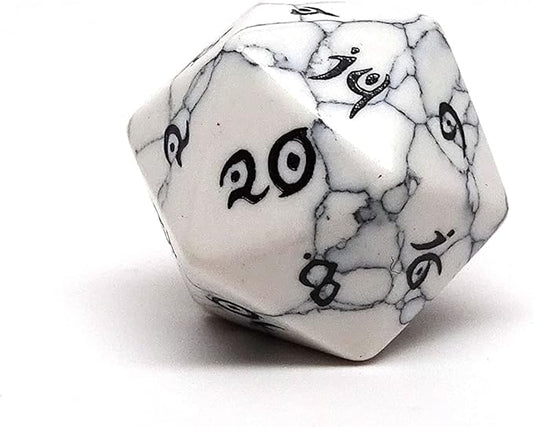 Single D20 Semi Precious Stone Dice with Elvenkind Font (White Howlite)