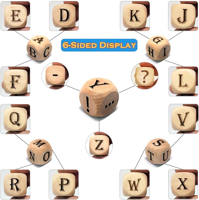 5Pcs/Set Wooden Letter Dice Set,6-Sided Laser Engraving A-Z Pattern Wood Rolling Dices for Game Party