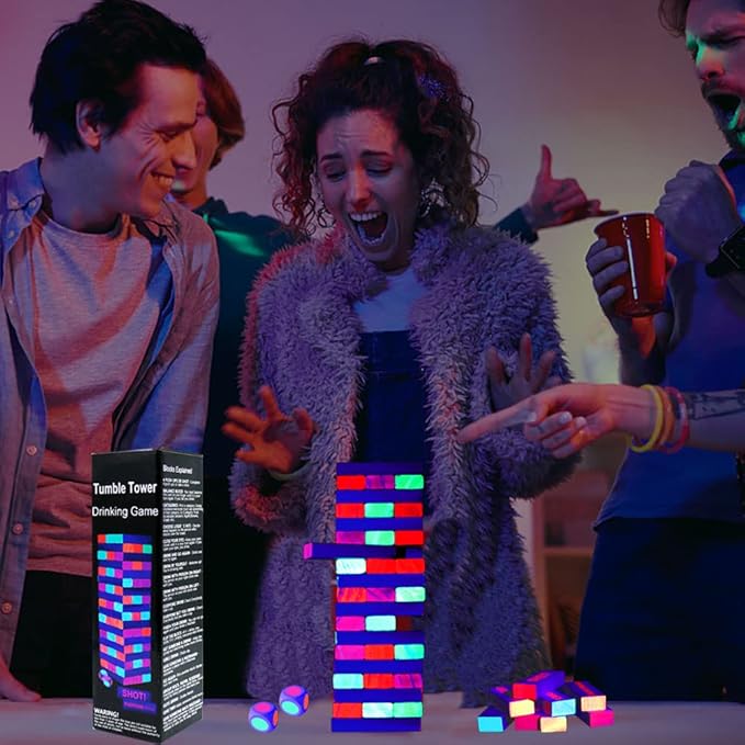 Drinking Games for Adults Party, Black Light Tumble Tower -Glowing Drinking Games Suitable for Day Or Night, 54 Blocks with Hilarious Drinking Commands, Stacking Games for adults party