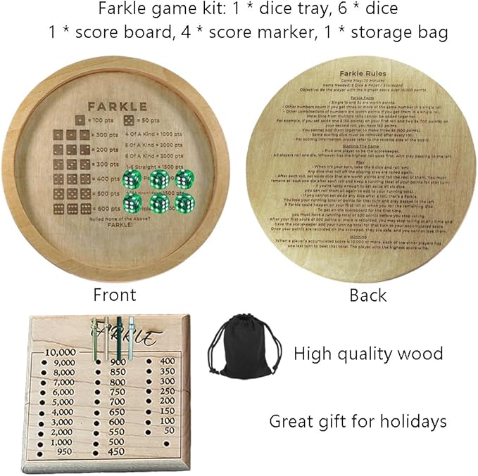 Farkle Classic Dice Game Tray with Score Board - Wooden Dice Board Game for Family Game Night