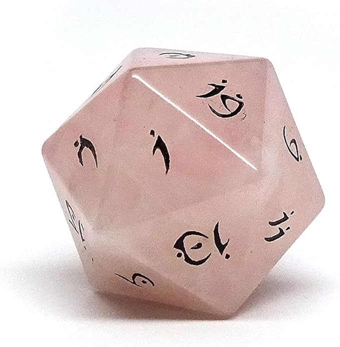 Single D20 Semi Precious Stone Dice with Elvenkind Font (Rose Quartz)