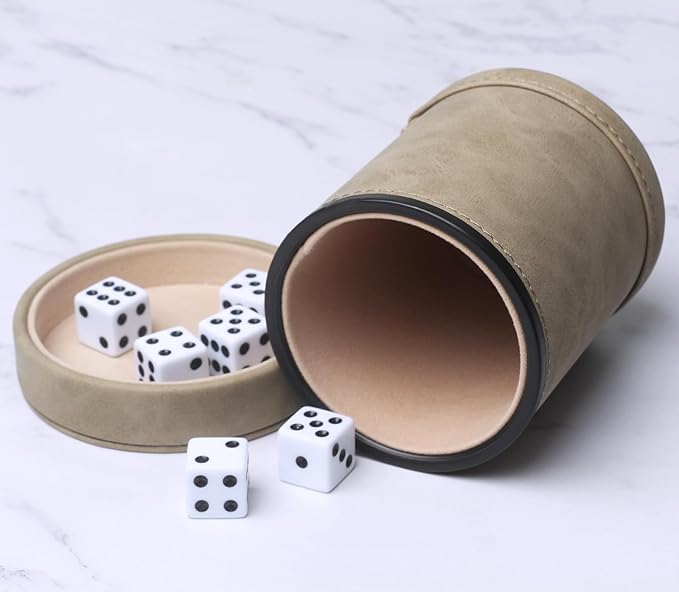 Brown Suede Faux Leather Dice Cup with Lid, Soft Felt Interior Quiet Dice Shaker Cup with 6 Dice for Liars Dice/Farkle/Yahtzee Games, 1 Pack