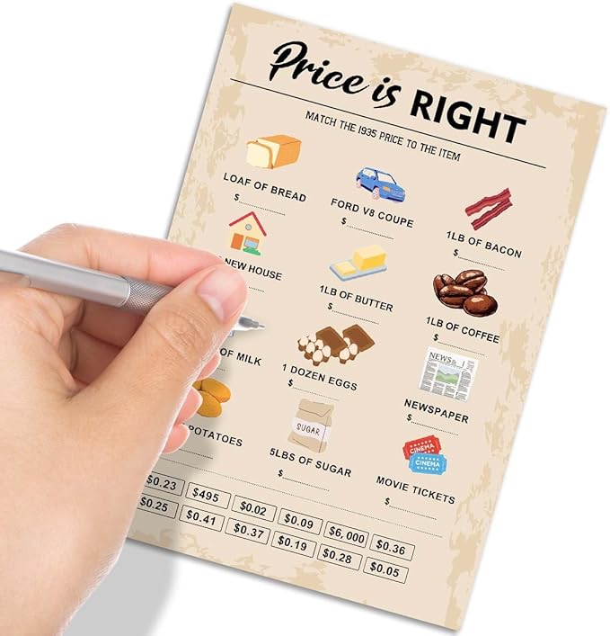 QUPT 90th Birthday Party Games, Price is Right Games, Birthday Party Supplies for Adults, Fun 1935s Party Game，Pack of 30 Cards