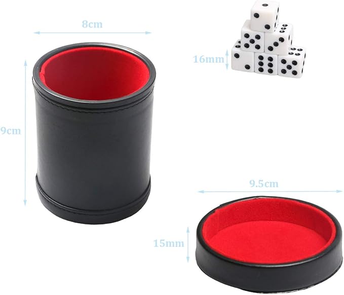 Leatherette Dice Cup with Lid, Includs 16mm Regular Dices, Red Felt Lining Dice Shaker Quiet for Playing Yahtzee/Farkle/Liars Dice/Board Game