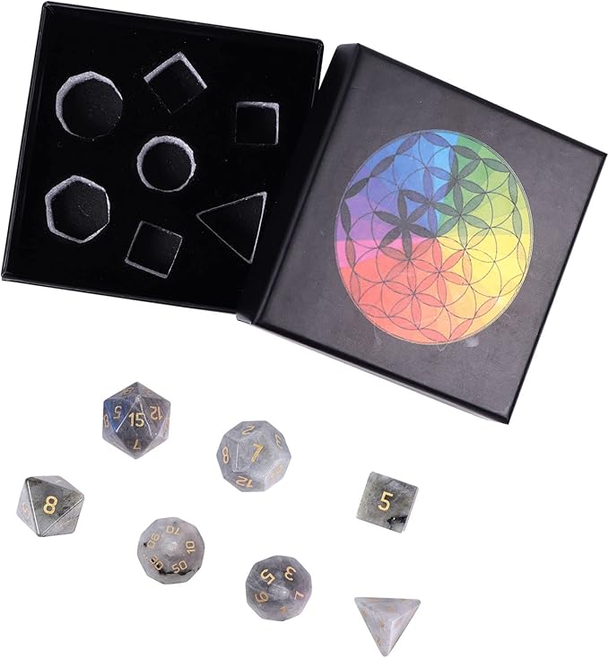TUMBEELLUWA Engraved Crystal Stone Polyhedral Dice Set for RPG MTG Dungeons and Dragons Table Game 7 Pieces DND Board Game Dices with Pouch, Labradorite