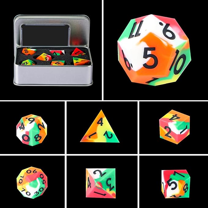 DND Dice Set Sharp Edge Dice Set 7 Piece DND polyhedral Dice Numbers with Gold Leaf Exquisite Tin Box Packaging,Ideal for Dungeons & Dragons RPG and Board Games (Colorful)