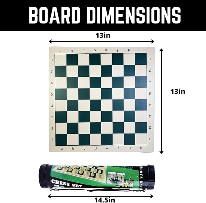 Tournament Chess Set: Portable and Professional Set with Travel Portable Plastic Tube Roll. Plastic Staunton Chess Pieces, Foldable Vinyl Chess Board.(Green, 13X13IN)