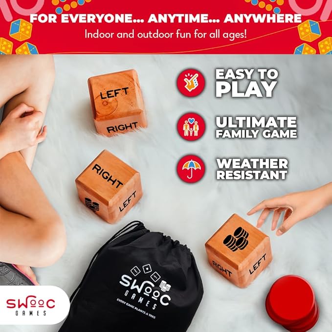 SWOOC Games® - Giant Right Center Left Dice Game (All Weather) with 24 Large Chips & Carry Bag - Jumbo Wooden Lawn Game - Big Backyard Games for Family - Indoor/Outdoor - Left Right Center Dice Set