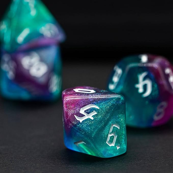 7-Die DND Dice Set Polyhedral Dice Set with a Leather Bag, D&D Dice Set for Dungeons and Dragons, RPG, MTG Table Games (Rose Blue w/Glitter)