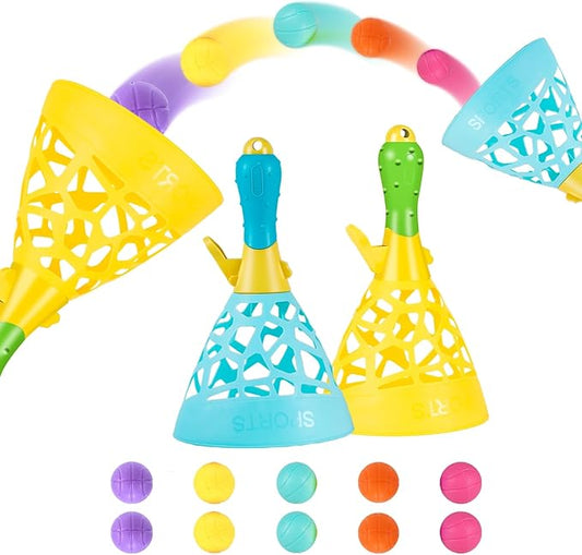 Pop and Catch Ball Game with 10 Balls and 2 Catch Launcher Baskets - Outdoor Indoor Game Activities, Basket Stuffers Gifts Beach Sport Summer Beach Toys for Kids Ages 3 4 5 6 7 8 10 12+
