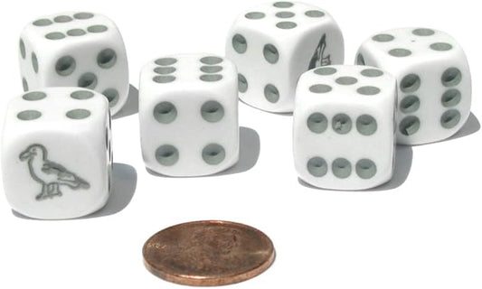 Set of 6 Seagull 16mm D6 Round Edged Koplow Animal Dice - White with Gray Pips