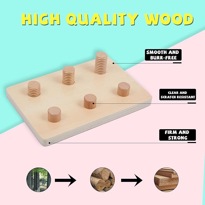 Wooden Toys for Toddlers 1 2 3 Years Old Jumbo 3 Color Wooden Nuts and 6 Bolts On Board,Wooden Puzzle Stacking Toys for Occupational Therapy Toys Fine Motor Skills for 18 Months Boys Girls Baby Gift