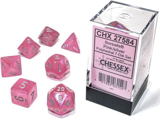 Chessex Polyhedral 7-Die Set - Borealis Pink/Silver with Luminary 27584 (CHX27584)