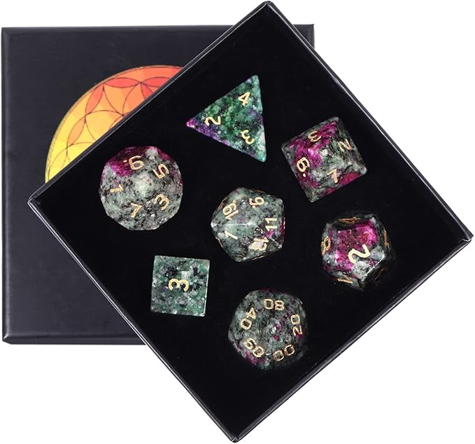 TUMBEELLUWA Engraved Crystal Stone Polyhedral Dice Set for RPG MTG Dungeons and Dragons Table Game 7 Pieces DND Board Game Dices with Pouch, Ruby in Fuchsite