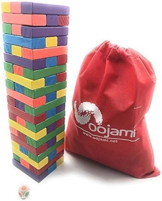 Oojami Wooden Tumbling Timber Toppling Stacking Board Games Building Blocks for Kids - 60 Pieces with Storage Bag Color Match Play Sets for Kids and Families