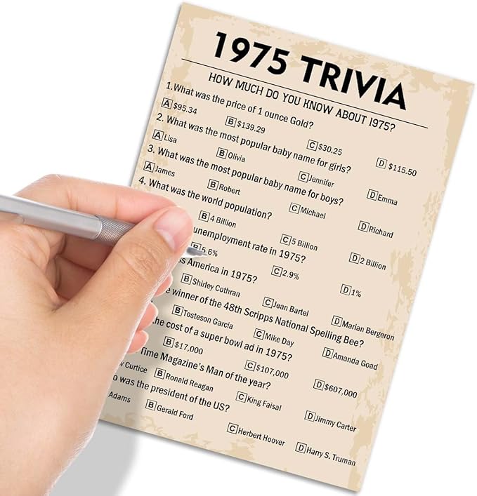 50th Birthday Party Games, 1975 Trivia Games, Birthday Party Supplies for Adults, Fun 1975s Party Game，Pack of 30 Cards