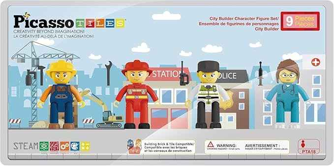 Picasso Toys Magnetic Action Figures 4 Piece City Builder Character for Magnet Building Block Tiles Expansion Pack Construction Toddler Toy Educational STEM Learning Pretend Playset Age 3 and up PTA18