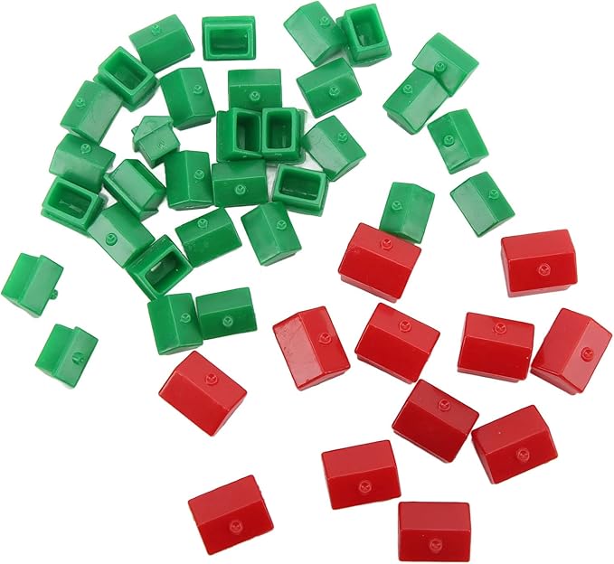 Dilwe Hotel Game Replacement Pieces, 12 red Houses and 32 Green Houses, Game Plastic Hotels Houses Game Piece Supplement Accessories