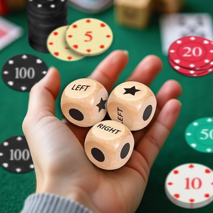 ZLIXING 3 Pcs Dice with 50 Pcs Poker Chips for Left Right Center Dice Game Set Family Board Games Travel Party Funny Cool Stuff Gadgets
