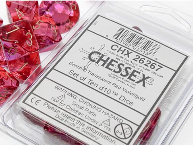 Translucent Red and Violet Gemini Dice with Gold Numbers D10 16mm (5/8in) Pack of 10 Dice Chessex