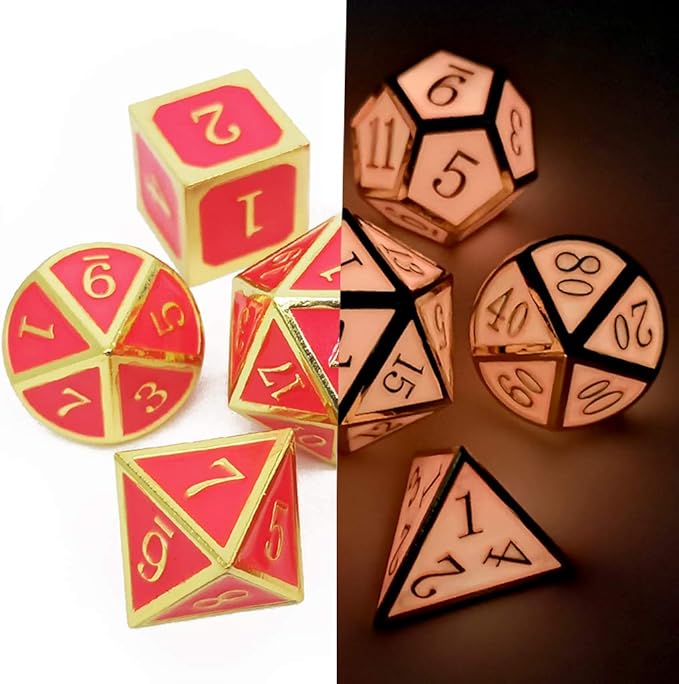 Haxtec Glow in The Dark Metal DND Dice Set Gold Pink D&D Dice for Dungeons and Dragons-Gold Glowing Red/Cream Pink