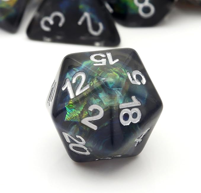 Haxtec DND Dice Set 7PCS Resin Dice Set Black with Iridescent Mylar Inclusion Polyhedral D&D Dice for Roleplaying Dice Games as Dungeons and Dragons