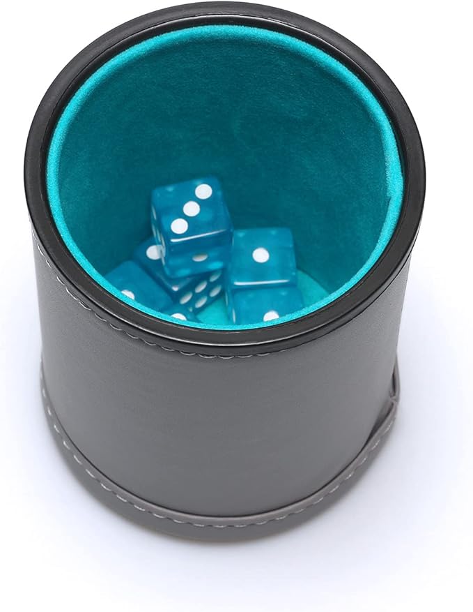 Leatherette Dice Cup Set Lake Blue Velvet Interior Quiet in Shaking with 6 Matching Translucent Dot Dice for Liars Dice Farkle Yahtzee Board Games, 1 Pack