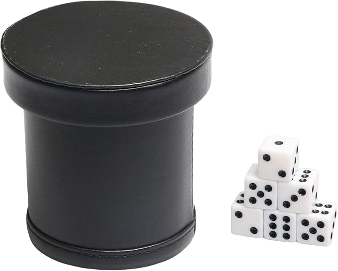 Leatherette Dice Cup with Lid, Includs 16mm Regular Dices, Red Felt Lining Dice Shaker Quiet for Playing Yahtzee/Farkle/Liars Dice/Board Game