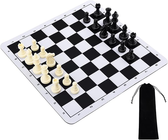 Portable Chess & Checkers Set, 235mm Tournament Roll Up Chess Board with Drawstring Bag, Folding Rollable Chess Set Travel Chess Set for Kids and Adults(Black)
