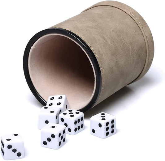 Brown Suede Faux Leather Dice Cup Set, Felt Lined PU Leather Dice Shaker with 6 Dice for Liars Farkle Yahtzee Game