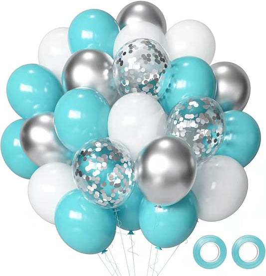 Teal Blue White Balloons, 50Pcs Turquoise Blue White Silver Confetti Latex Balloons for Wedding Bridal Baby Shower Birthday Graduation Party Decorations
