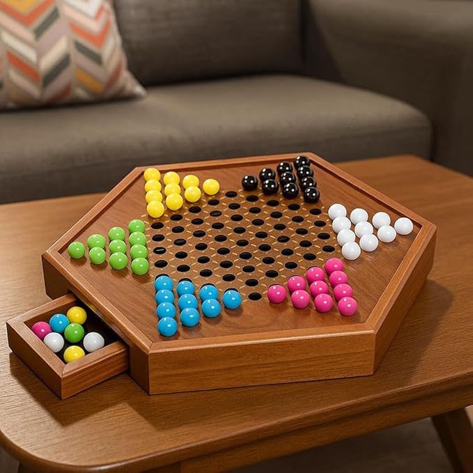 Chinese Checkers Board Game – 13.7" Large Wooden Set with 60 Colorful Acrylic Marbles + 30 Spares – Classic Family Strategy Game for Adults