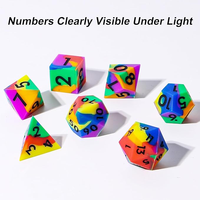 DND Dice Set Sharp Edge Dice Set 7 Piece DND polyhedral Dice Numbers with Gold Leaf Exquisite Tin Box Packaging,Ideal for Dungeons & Dragons RPG and Board Games (Rainbow)