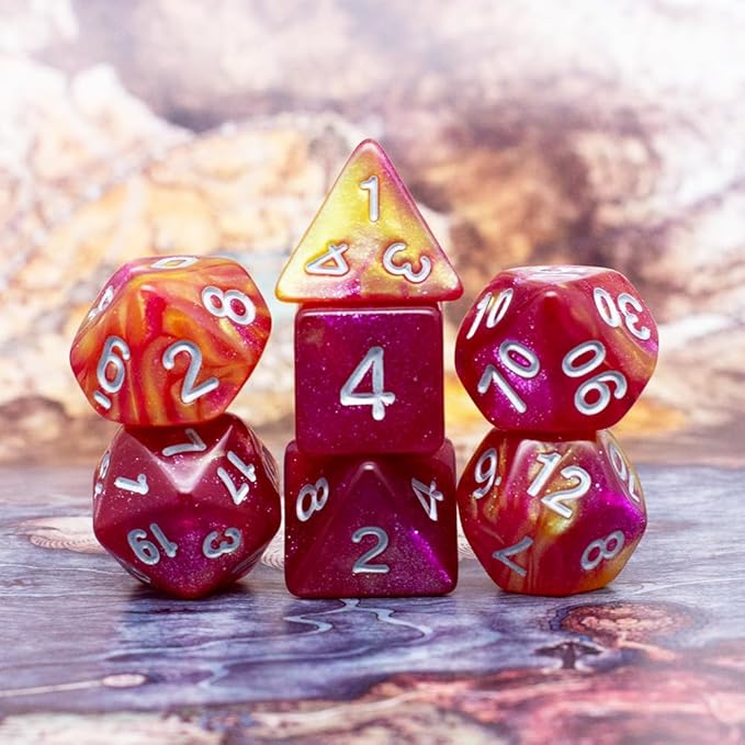 DND Dice Set with Dragon Totem Metal Gife Case, Dungeons and Dragons Dice Set,Polyhedral Dice Set Filled with Shiny Glitters,Role Playing Games and Tabletop Games (Pink&Yellow)