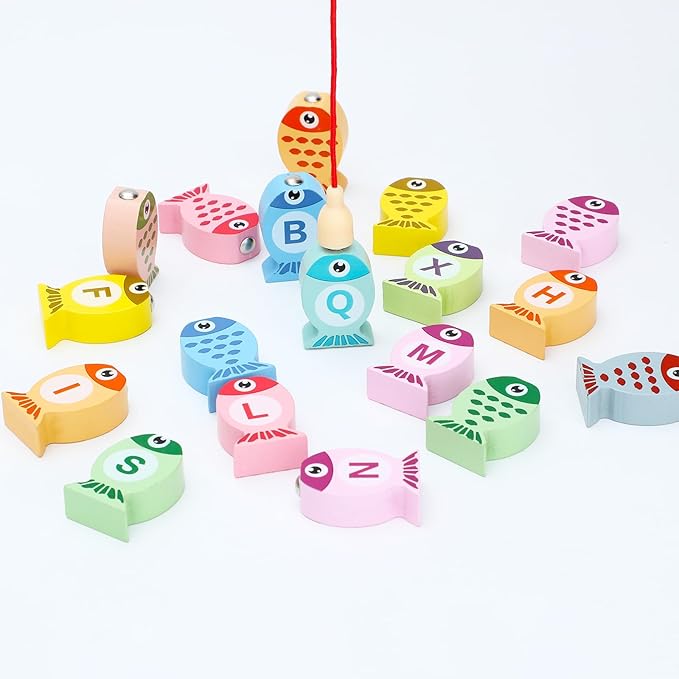 ONEST 28 Pieces Magnetic Fishing Game for Kids Wooden Magnet Fishing Game Wooden Magnetic Toys for Kindergarten Preschool Girl Boy