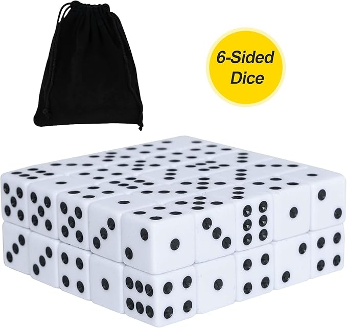 100 Pack 16MM White Dice - Six Sided Standard Opaque White Dice with Black Pips Dots for Board Games (100 Pack)