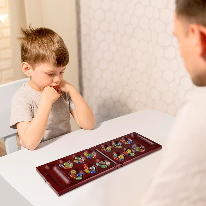 GSE Games & Sports Expert Folding Wooden Mancala Board Game with Multi-Color Glass Stones and Storage Bag, Portable Family Travel Strategy Games Set for Kids & Adults (Mahogany)