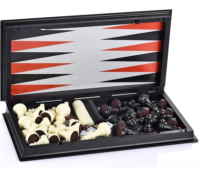 3 in 1 Magnetic Chess Checkers Backgammon Board Game Set with Folding Board Travel Games for Kids and Adults (Chess: Black & White)