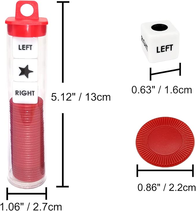 Left Right Center Dice Game Prime Set Bundle with 3 Dices + 36 Chips. Round Tube Storage is Very Convenient for Travel. Easy to Store, Carry Around. (Red)