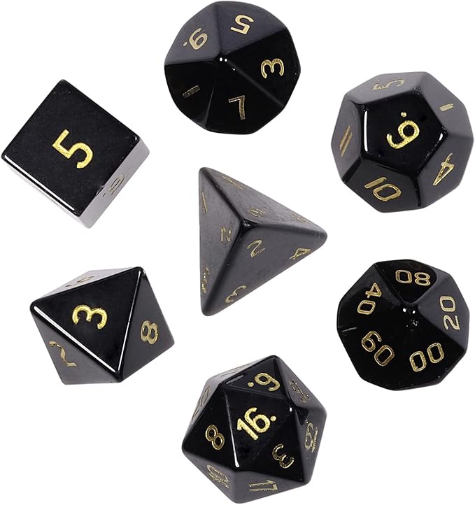 TUMBEELLUWA Engraved Crystal Stone Polyhedral Dice Set for RPG MTG Dungeons and Dragons Table Game 7 Pieces DND Board Game Dices with Pouch, Black Obsidian