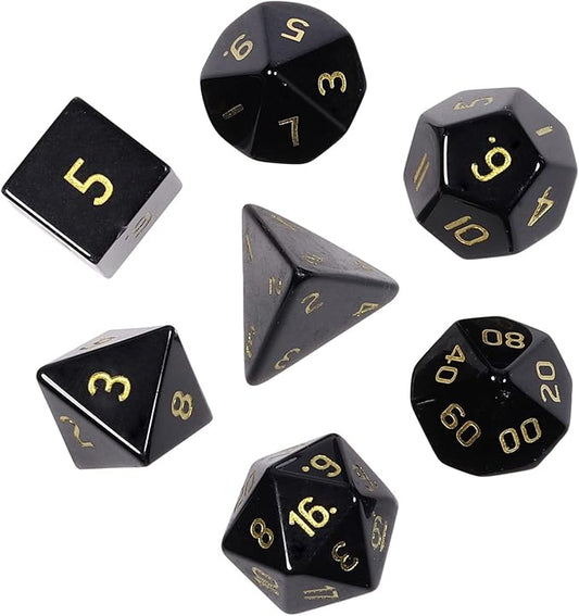 TUMBEELLUWA Engraved Crystal Stone Polyhedral Dice Set for RPG MTG Dungeons and Dragons Table Game 7 Pieces DND Board Game Dices with Pouch, Black Obsidian