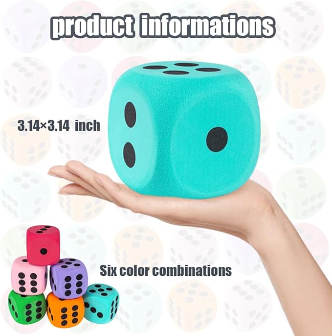 6Pcs EVA Foam Dice,3.15" Large Dice Educational Toy,Blank Slate Board Game to Get Your Lucky Numbers for Parties and Gifts