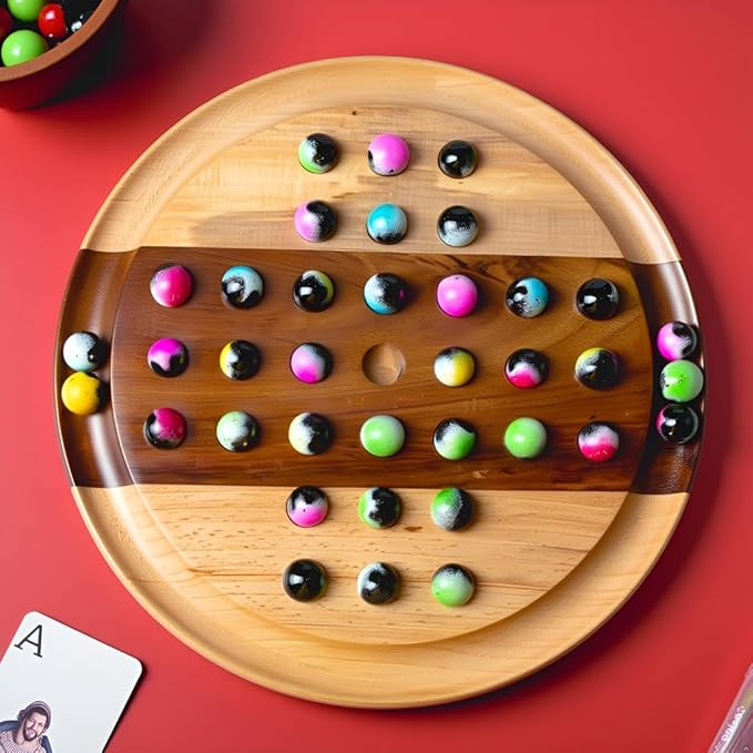 Premium 10-Inch Wooden Solitaire Board – 36 Colorful Marbles on Mixed Wood – Strategy Game for Adults & Family – Classic Solo Board Game