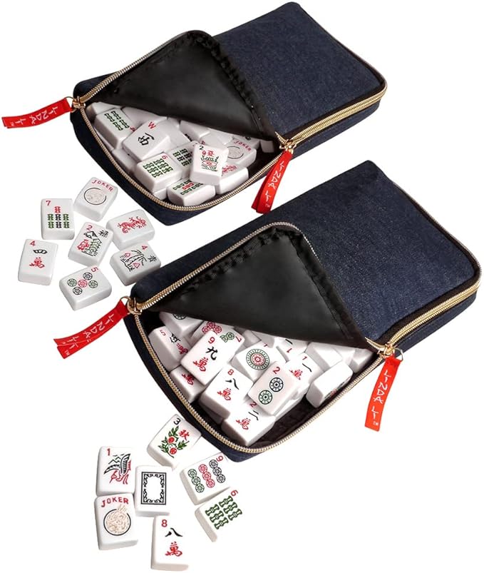 New! - American Mah Jongg Set 166 Premium White Tiles, 4 All-in-One Rack/Pushers, Denim Blue Soft Bag - Stylish Full Size Complete Mahjong Set