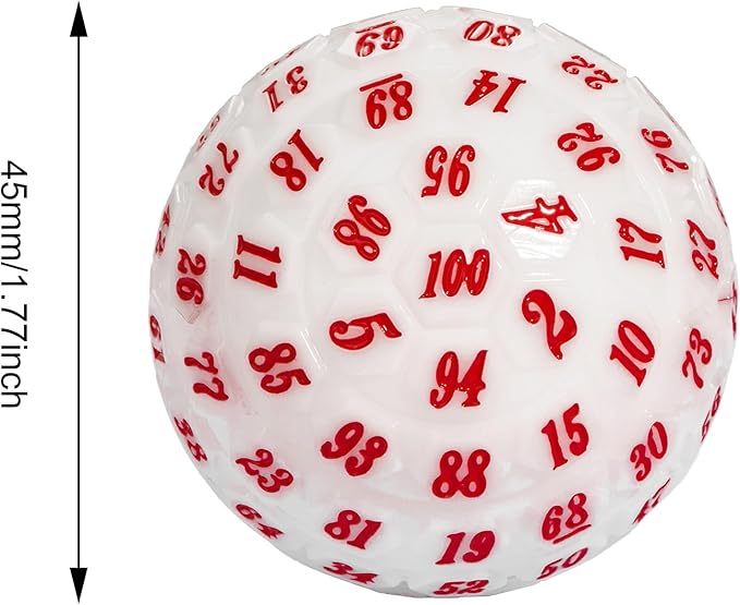 100 Sided Polyhedral Dice, Single D100 Game Dice, 100 Sided Cube with Black Pouch, D100 die 48 mm (White with Red Number)