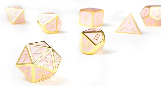 MIYUDAIS Polyhedral Metal Game Dice Cream Pink with Gold Trims 7pc Set for Dungeons and Dragons RPG MTG Table Games D&D Pathfinder Shadowrun and Math Teaching