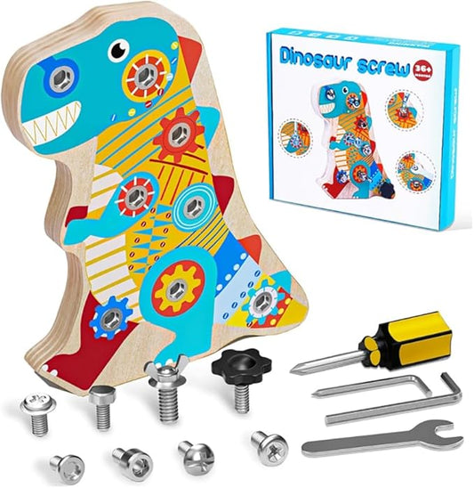 Dinosaur Montessori Screwdriver Board Set- Preschool or Classroom Activity Game - Solid Wooden Screw Driver Toy Set - Kids Sensory and Fine Motor Skills Toy for 3 4 5 6 Year Old Toddlers